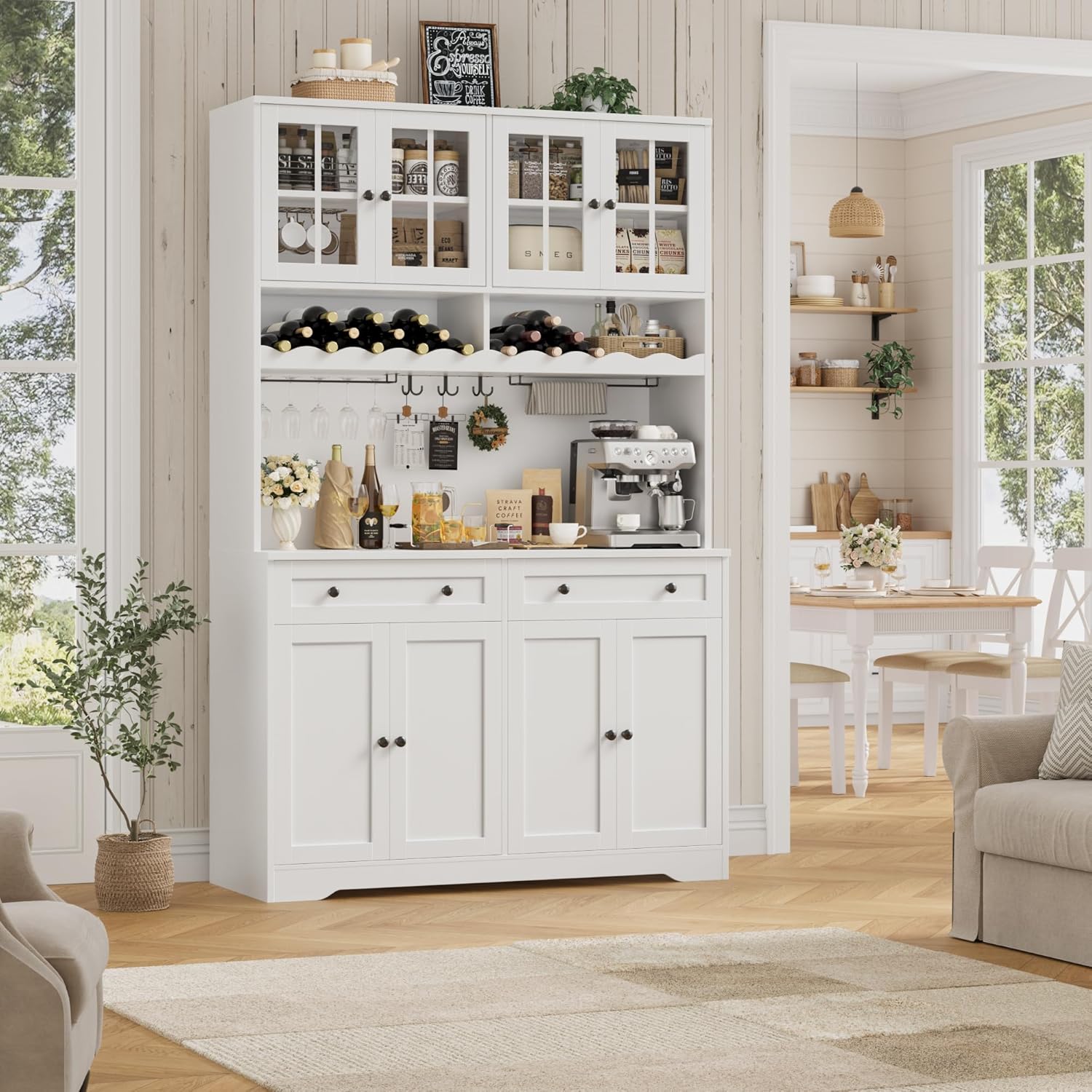 HOSTACK 75.4' Tall Kitchen Pantry Cabinet with Charging Station, Modern White Kitchen Hutch with Microwave Stand and Wine Racks, Large Food Pantry Storage Cabinet with Glass Doors and Drawers, White