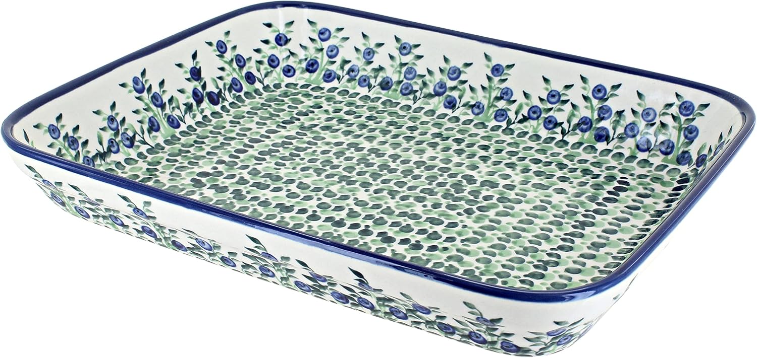 Blue Rose Polish Pottery - Green Porcelain Vine Medium Rectangular Baker - 12' x 9.75' - Unique, Dishwasher Safe, & Durable Bakeware