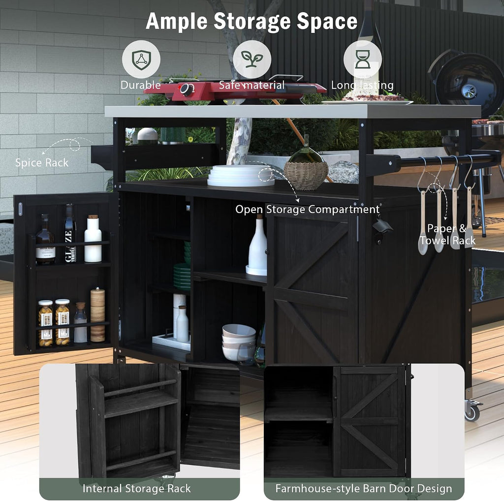 Farmhouse Outdoor Kitchen Island, Rolling Bar Cart & Storage Cabinet with Stainless Steel Top, Spice Rack, Towel Rack for Kitchen & Barbecue, Solid Wood Outdoor Grill Table