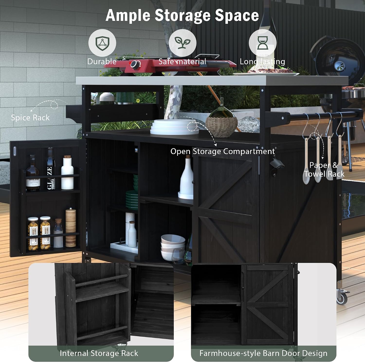 Farmhouse Outdoor Kitchen Island, Rolling Bar Cart & Storage Cabinet with Stainless Steel Top, Spice Rack, Towel Rack for Kitchen & Barbecue, Solid Wood Outdoor Grill Table