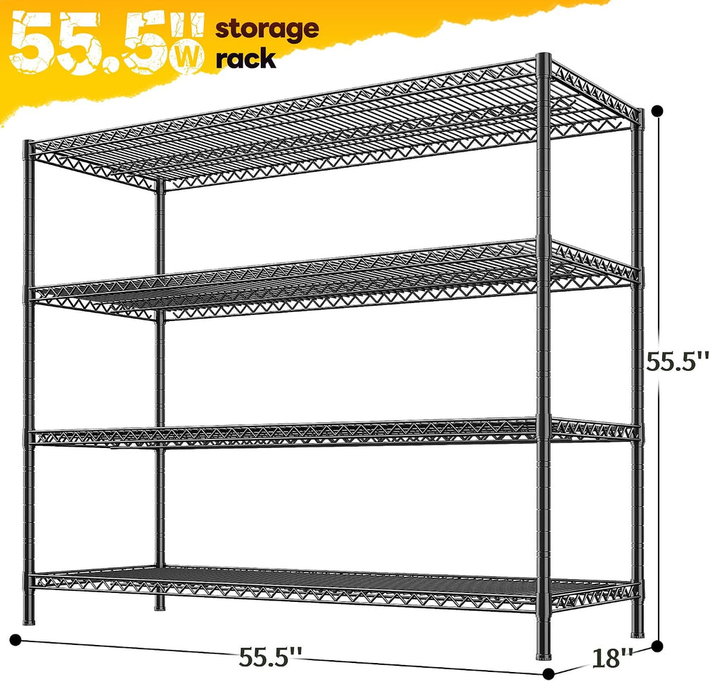 REIBII 55.5' W Storage Shelves 2560LBS Metal Shelving 4 Tier Wire Shelving Unit Garage Shelving Heavy Duty Metal Shelves for Storage Rack Commercial Adjustable Pantry Shelf, 55.5' W X 18''D X 55.5' H