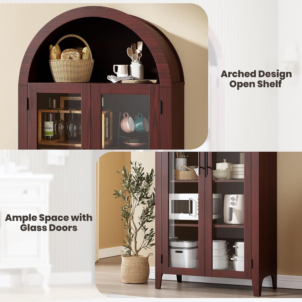 GarveeHome Arched Kitchen Pantry Cabinet - Farmhouse 5 Tier Display Shelf with Adjustable Shelf and 2 Large Glass Doors, Versatile Storage Cupboard for Kitchen, Dining Room, Living Room, Walnut