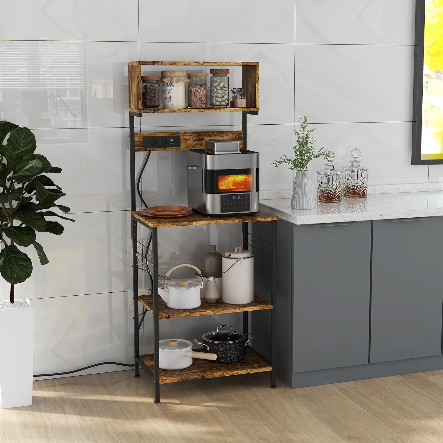 Kitchen Bakers Rack with Power Outlet, USB Charger, Microwave Stand, with Adjustable Shelves, 5 Hooks for Spices, Pots and Pans, Rustic Brown,for use in Restaurants