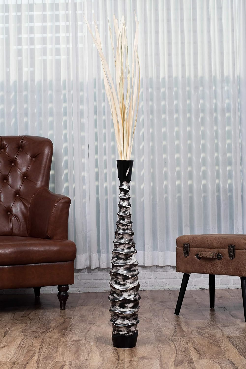 Leewadee Large Black Home Decor Floor Vase - Wooden 34 inch Tall Farmhouse Decor Flower Holder for Fake Plant and Pampas Grass