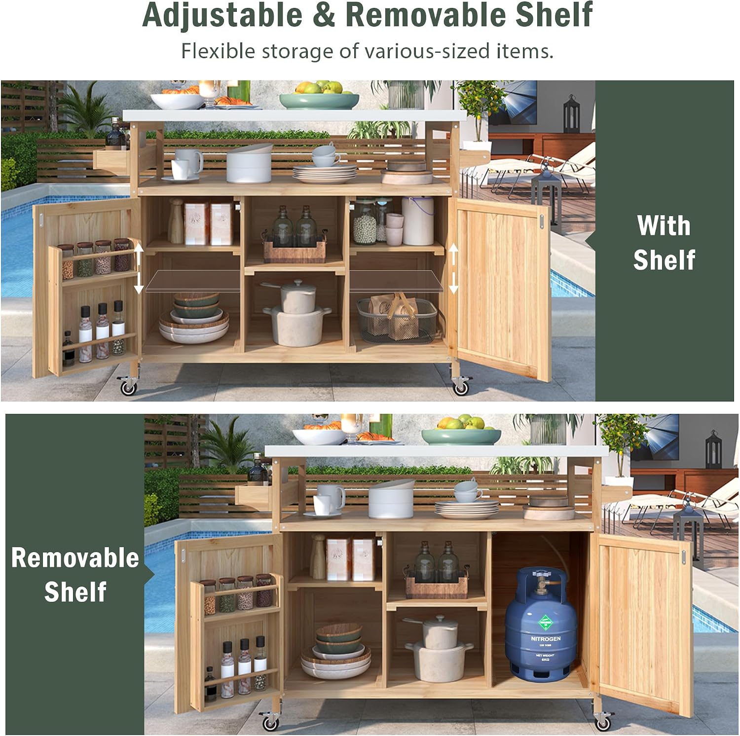 Outdoor Kitchen Island Rolling Bar Cart & Storage Cabinet Farmhouse Solid Wood Outdoor Grill Table with Stainless Steel Top, Spice Rack, Towel Rack for Dining Room Kitchens Barbecue Natural