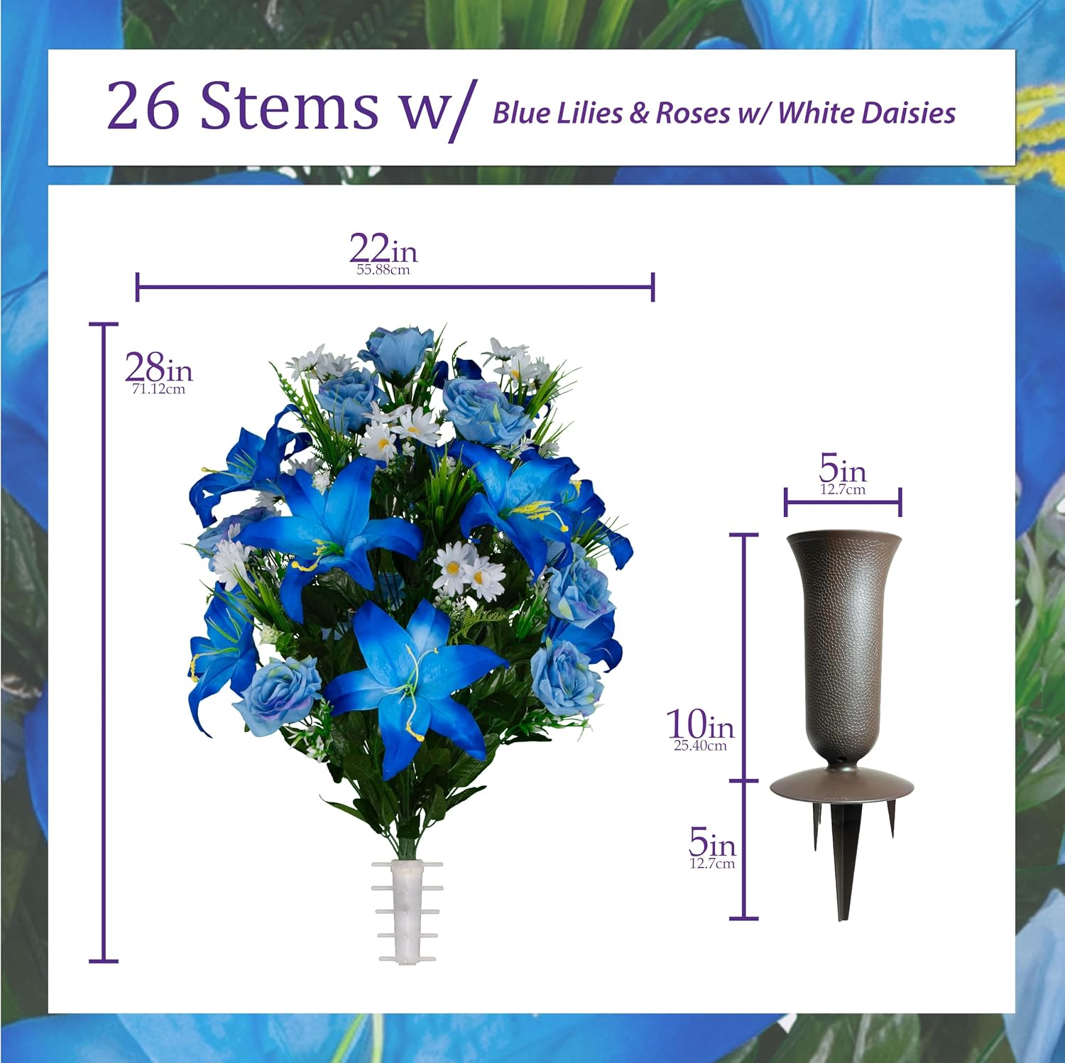 Sympathy Silks Artificial Cemetery Flowers - Gravesite Flowers - Blue Lily and Rose with White Daisies - (1) Headstone Flower Saddle & (1) Matching Bouquet (1) Cemetery Vase Included