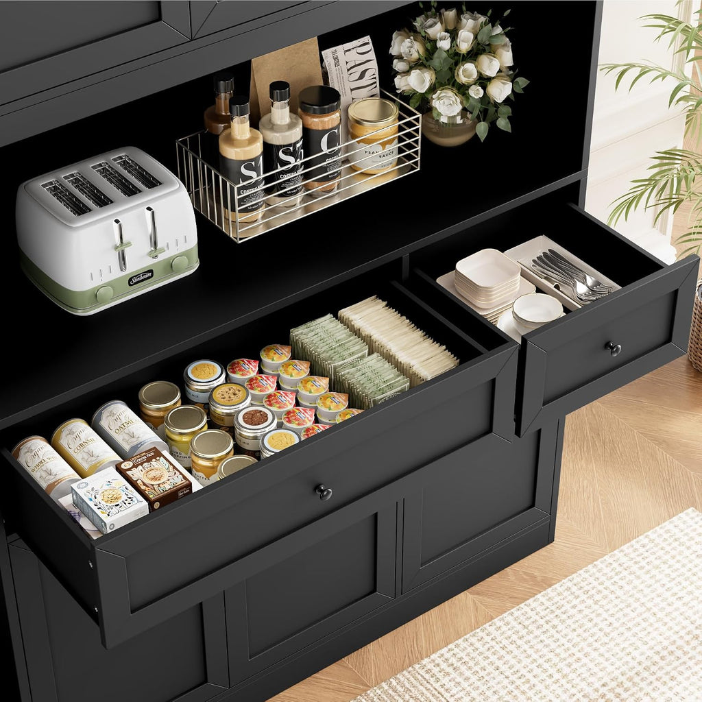 BOTLOG 72' Kitchen Pantry Cabinet, Kitchen Hutch with Microwave Stand, Buffet Cabinet with Hutch for Dining Room, Black