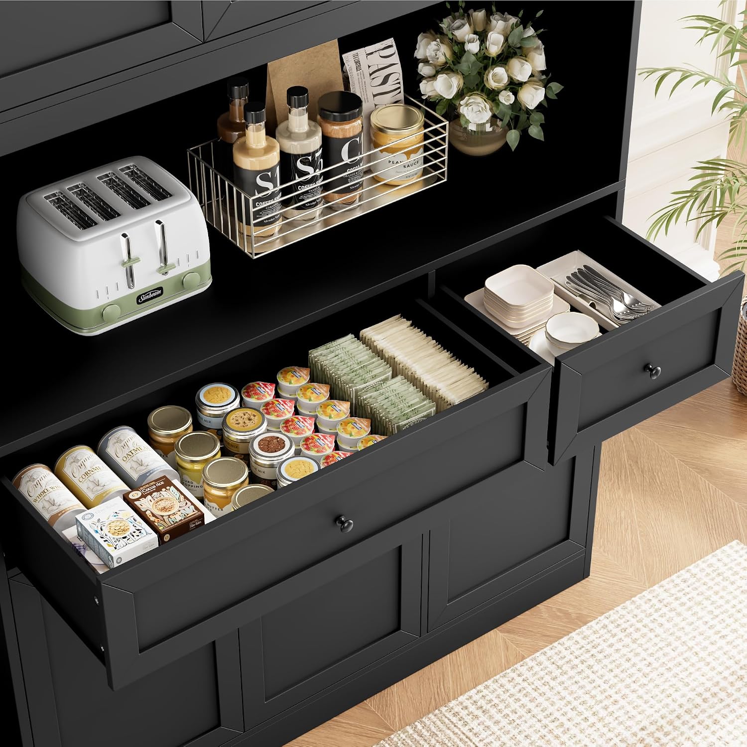 BOTLOG 72' Kitchen Pantry Cabinet, Kitchen Hutch with Microwave Stand, Buffet Cabinet with Hutch for Dining Room, Black