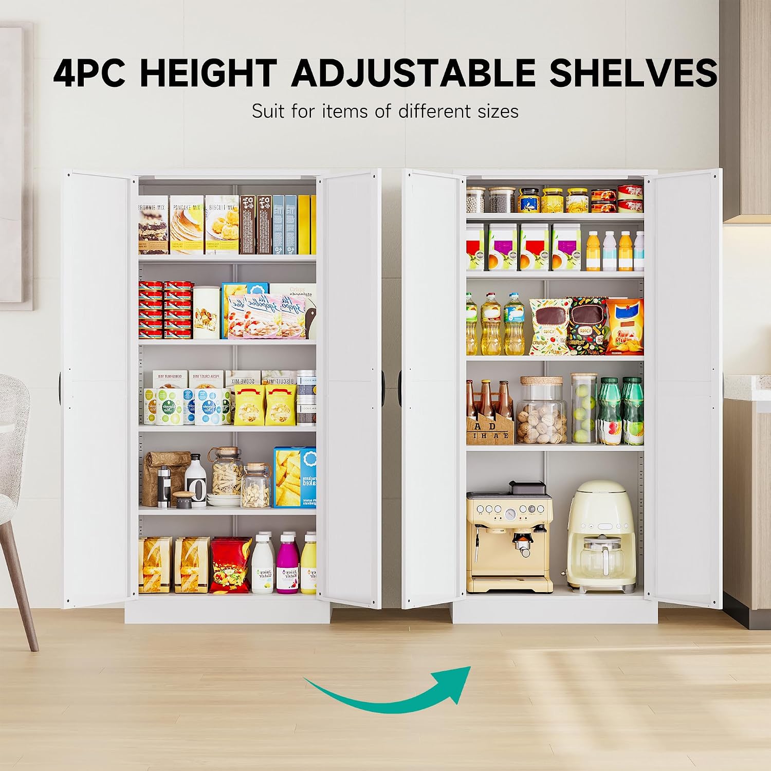 SISESOL 61' Tall Pantry Cabinet,Farmhouse Kitchen Pantry Storage Cabinets with 2 Doors and 5 Shelves,White Metal Storage Cabinet,Large Cupboard for Home,Kitchen,Dining/Living Room