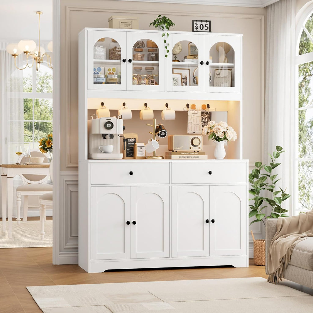 71' LED Kitchen Pantry Cabinet with Power Outlet, Large Kitchen Hutch Storage Cabinet with Arched Door & Shelves & 2 Drawers, Tall Modern Coffee Bar with Hutch for Home Dining Living Room, White