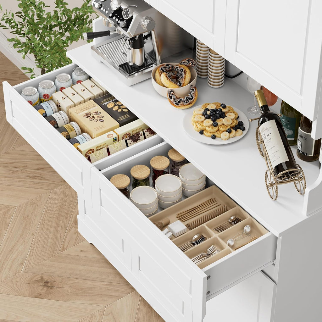 FACBOTALL 74' Pantry Cabinet, Tall Kitchen Pantry Cabinet with 6 Doors and 2 Drawers, Kitchen Hutch with Wide Countertop, Modern Kitchens Cupboard with Adjustable Shelves and Charge Holes, White