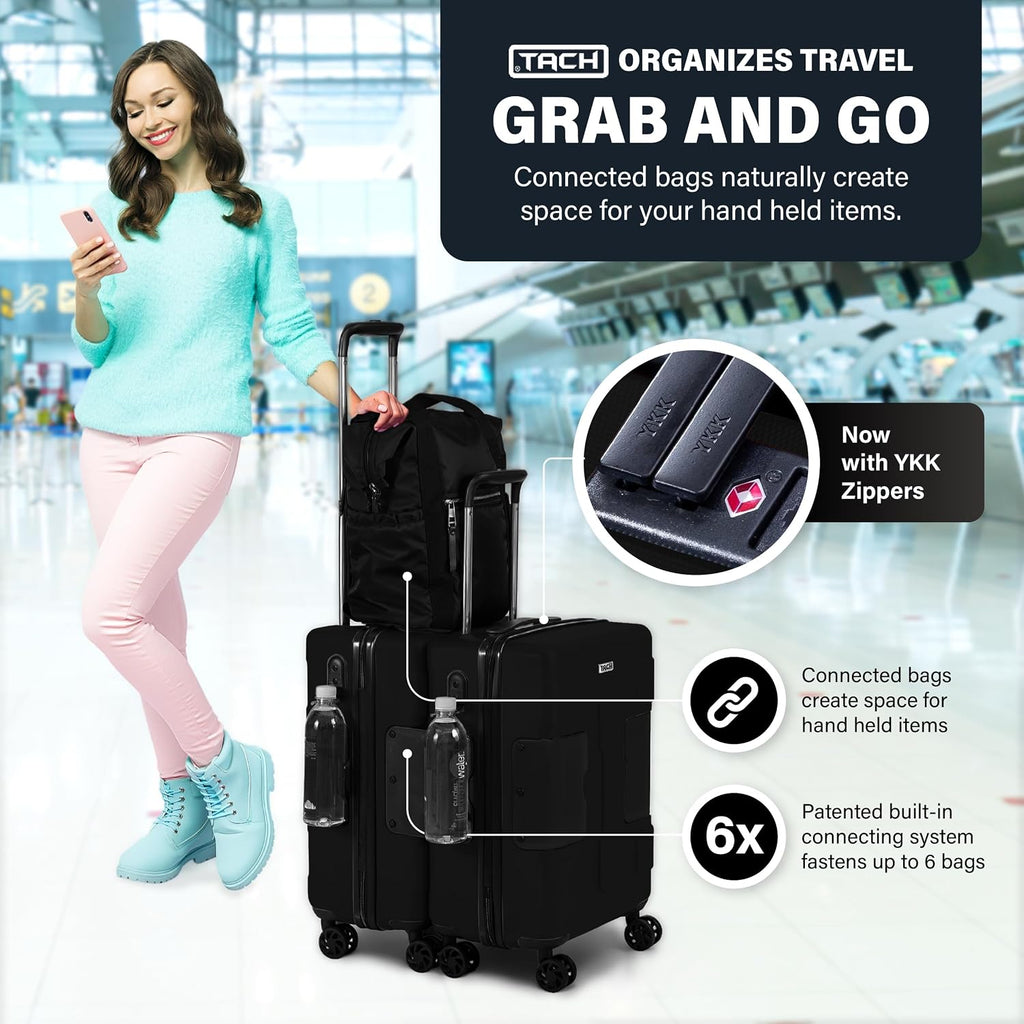 TACH Patented Connecting Hard Shell Carry-On | Roll Connected Units Right to Your Seat | Connect and Disconnect in Seconds | Rolling Suitcases - Black