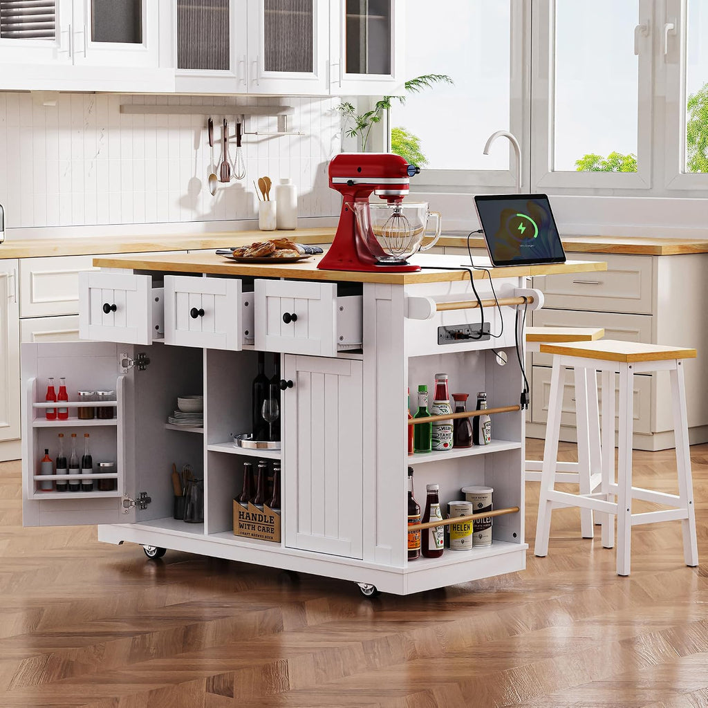 Classic Large Kitchen Island with 2 Bar Stools, Power Outlet,Door Internal Storage Rack, Kitchen Storage Cart on 5 Wheels with Drop Leaf, Used for Home, Dining Room (White/Large)