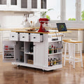 Large Kitchen Island Cart on 5 Wheels with 2 Bar Stools, Power Outlet, 3 Drawers, Kitchen Storage Cart with 5 Open Side Racks, Drop Leaf for Kitchen, Dining Room, Home Bar White
