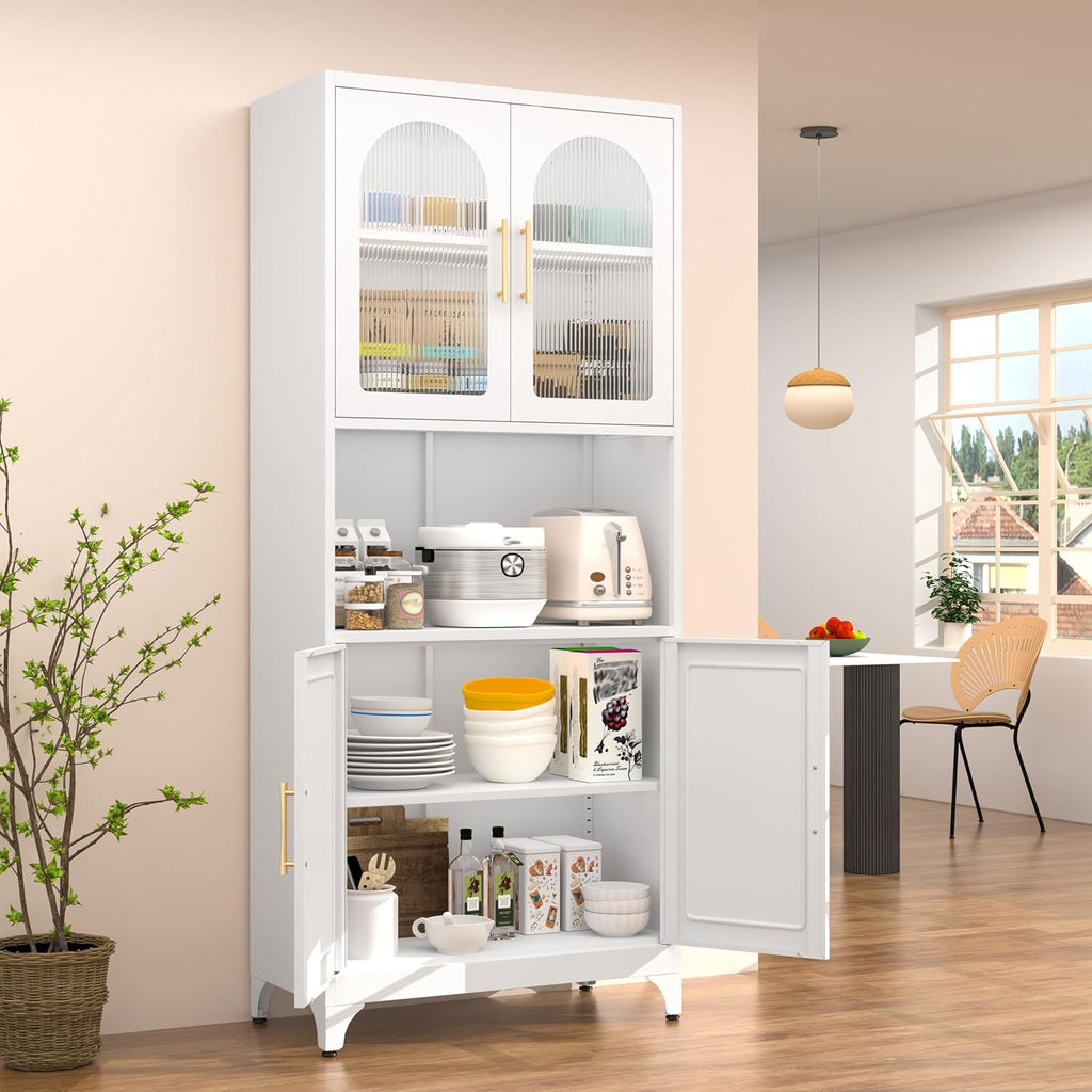 SteeLoong Metal Kitchen Pantry Storage Cabinet，75' Tall Storage Cabinets with 4 Doors and Adjustable Shelves ，White Hutch Cabinet with Microwave Stand,Large Kitchen Cupboard for Dining Room
