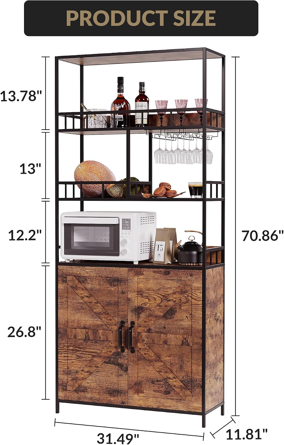 70.9' Freestanding Bakers Rack with Storage Cabinet, 5-Tier Wine Bar Cabinet with Goblet Holder & Microwave Stand – Kitchen Pantry Hutch for Dining & Living Room, Rustic Brown