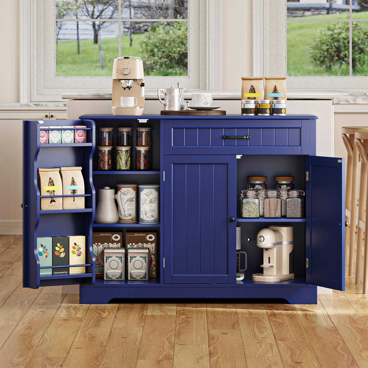 Gizoon Kitchen Sideboard Buffet Cabinet with Storage Small Coffee Bar Cabinet with Drawer, Kitchen Pantry Storage Cabinet with Door and Shelves for Bathroom and Living Room, Painted Navy Blue
