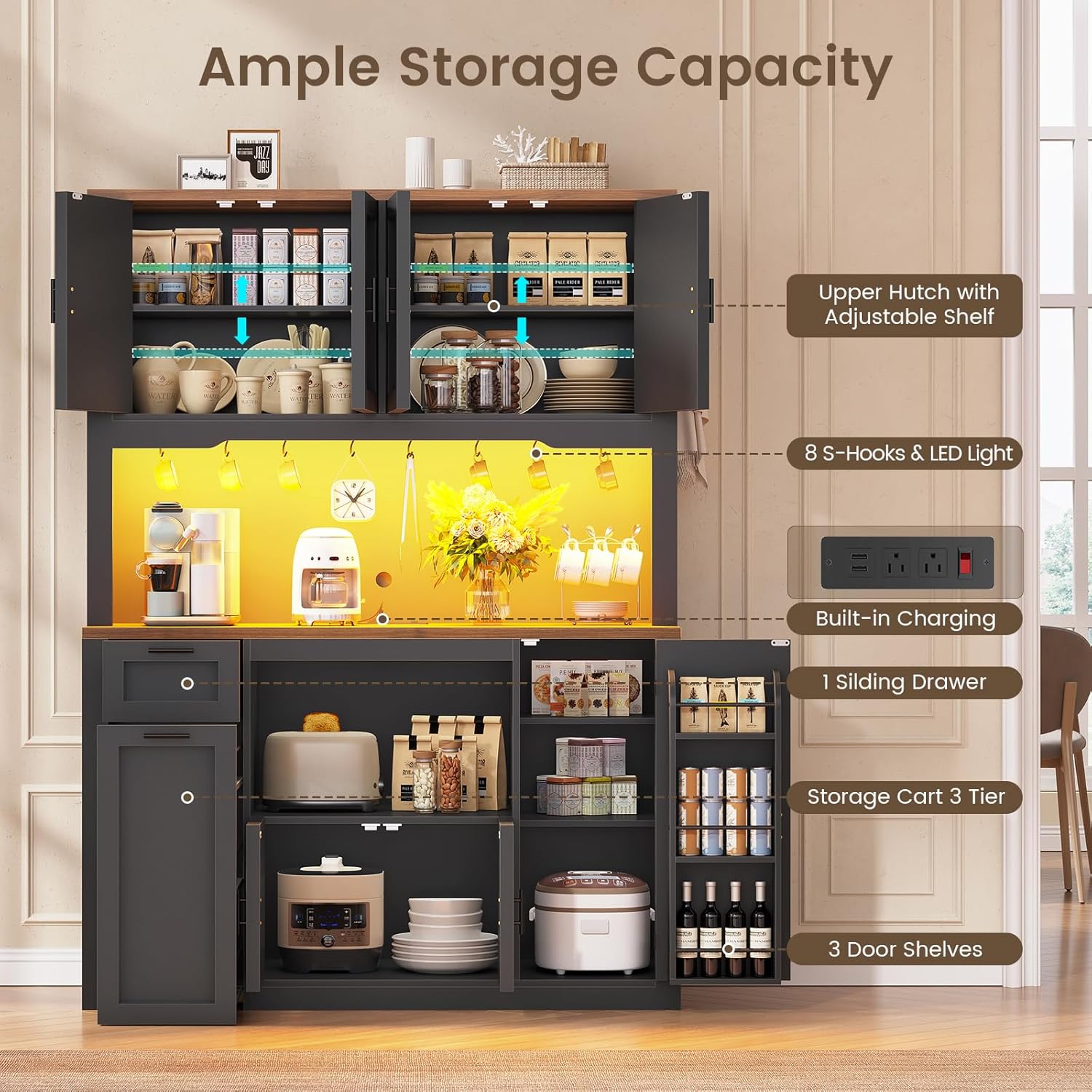 Itaar 71' Pantry Cabinet with Charging Station and LED Light, Kitchen Pantry Cabinet with Microwave Stand, 47.2' Wide Kitchen Storage Cabinets with Storage Cart 3 Tier for Dining Room, Black