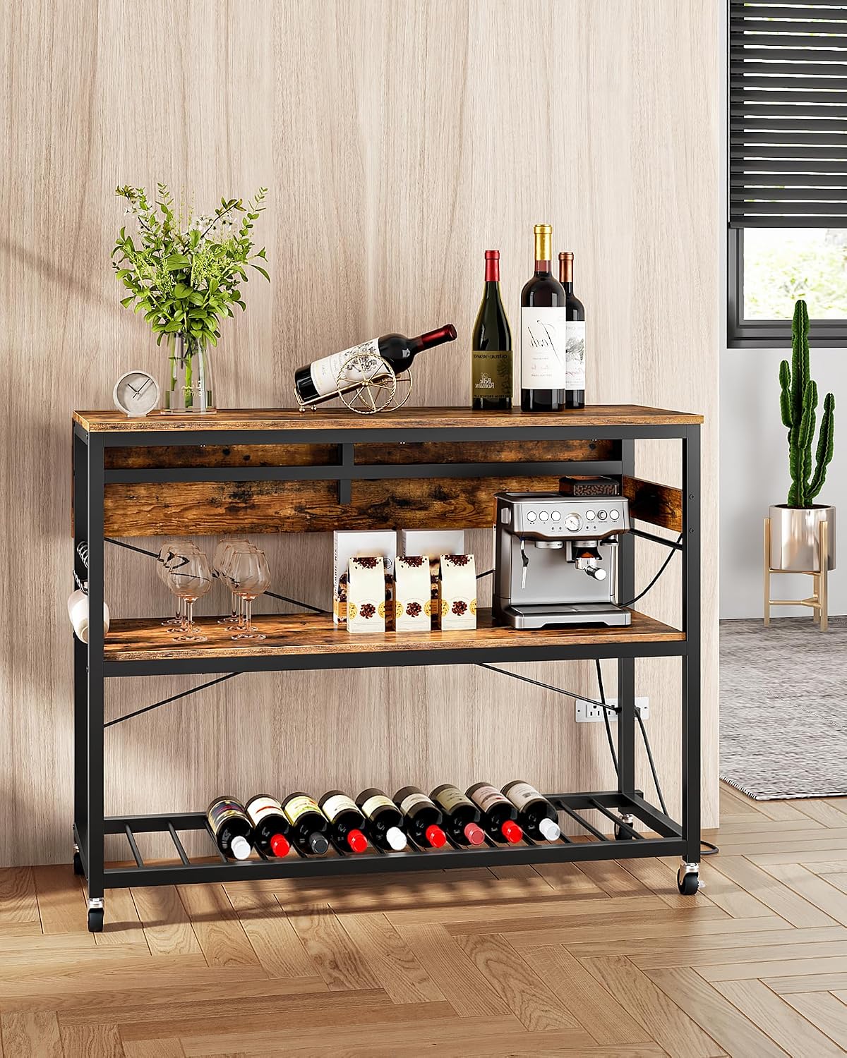 CHOEZON Kitchen Island with Power Outlet and Pot Racks Bundle, Movable with 3-Tier Storage, for Kitchen, Dining and Living Room TZD02UBF-TPR15BB