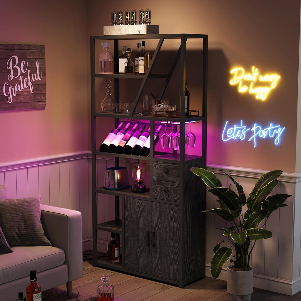 GarveeHome Bar Cabinet with LED Lights, 71.2 in Tall Coffee Bar Station with Power Outlets and Wine Rack, Kitchen Bakers Rack for Living Room