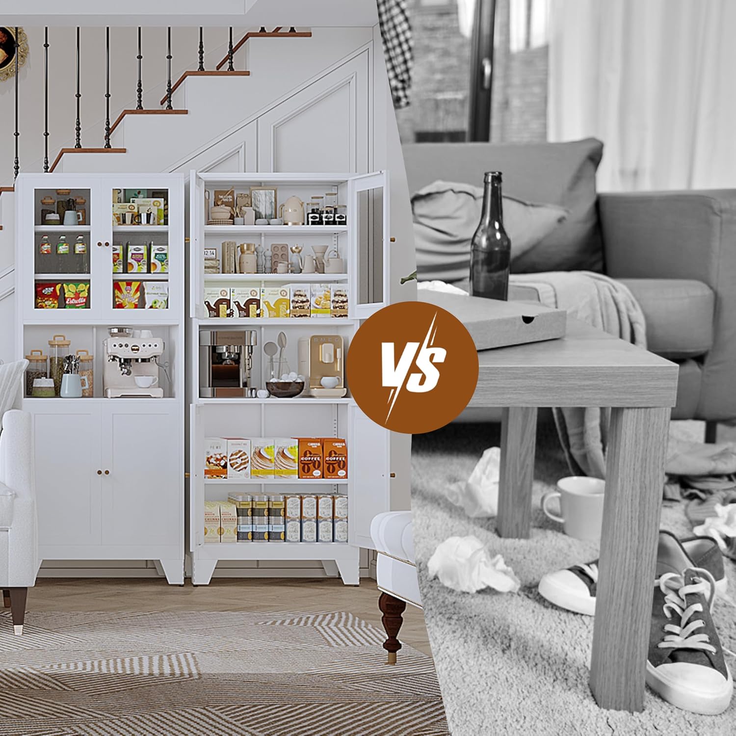 68.9'' Metal Kitchen Pantry Cabinet with Doors and Adjustable Shelves, Hutch Cabinet with Microwave Storage, Kitchen Cabinet Storage for Living Room, Bathroom, Home (White-Glass)