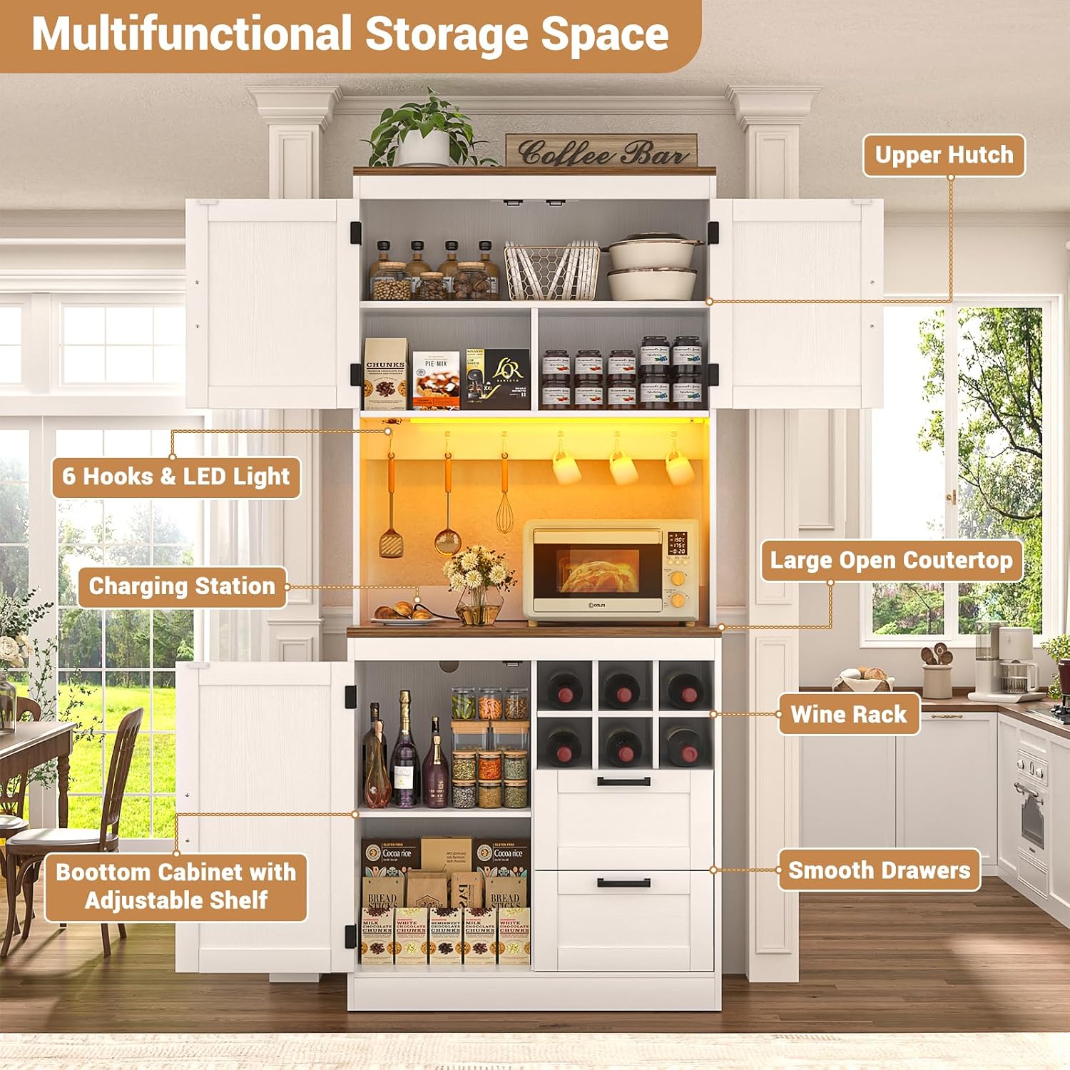 Unikito 72' Tall Pantry Cabinet, Kitchen Pantry Storage Cabinet with LED Light & Outlet, Kitchen Hutch Bar Cabinet with Microwave Stand, Wine Rack, Drawers and Shelves, Cupboard for Dining Room, White