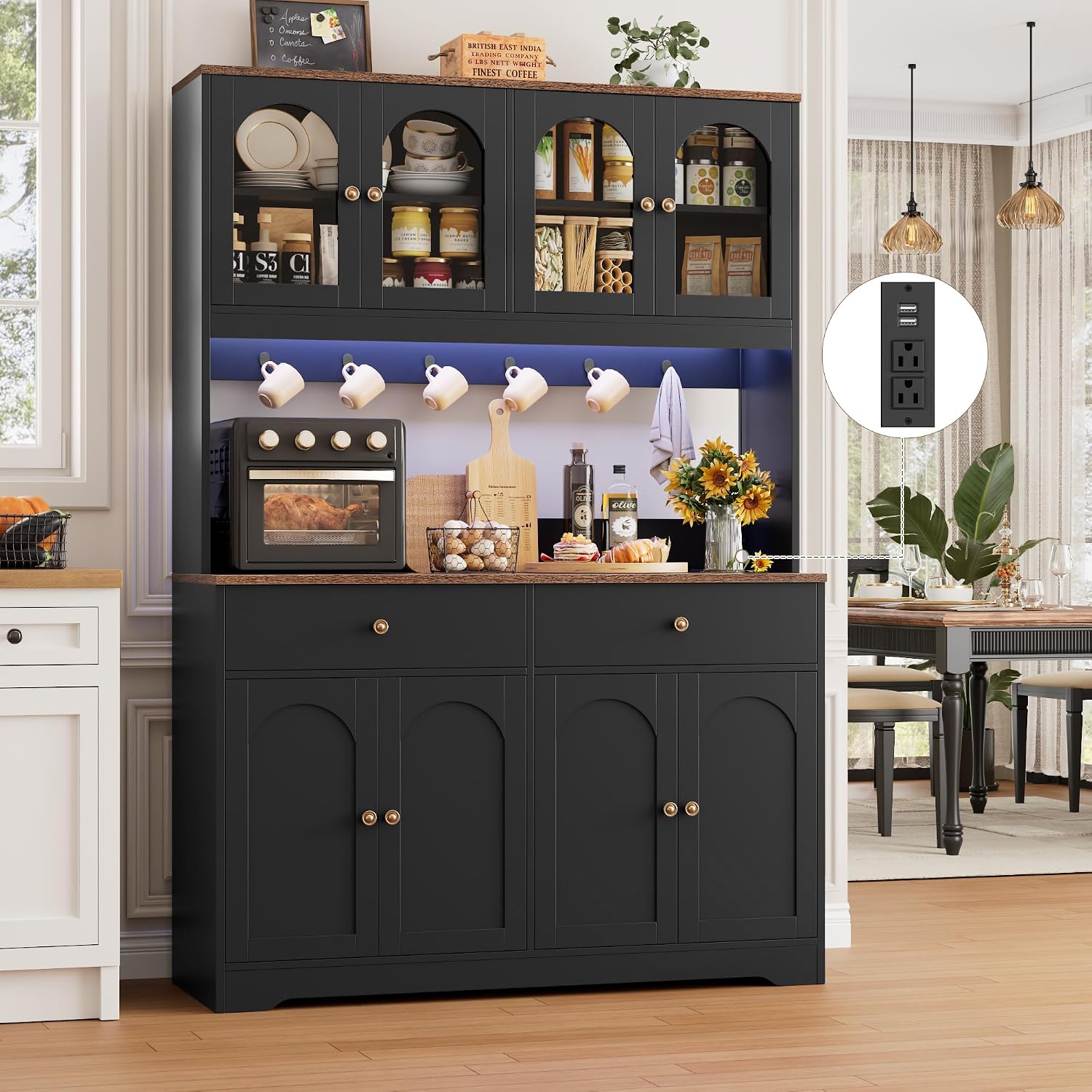 HIFIT 71' LED Kitchen Pantry Cabinet with Power Outlet, Large Kitchen Hutch Cabinet with 2 Storage Drawers & Arched Door, Countertop & Hooks, Tall China Bar for Dining Living Room (Black)
