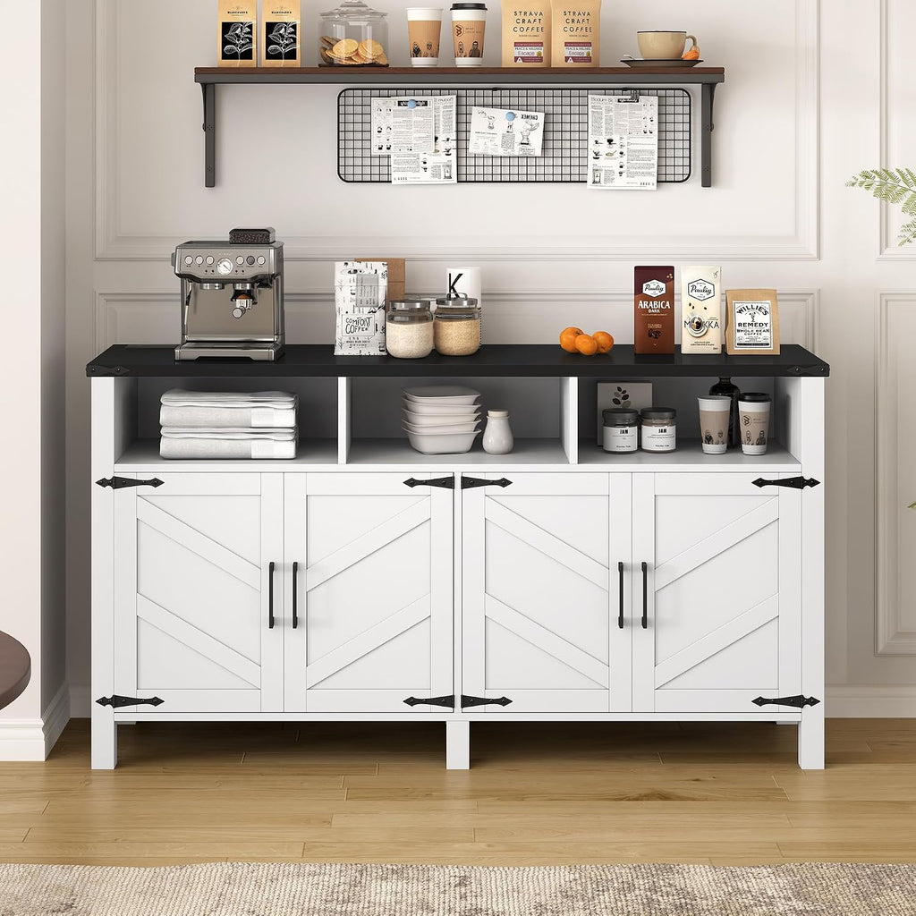 59' Modern Freestanding Storage Cabinet, Kitchen Storage Bakers Rack with Power Outlets, Utility Food Cupboard with Adjustable Shelves for Dining Room Living Room, White+Black