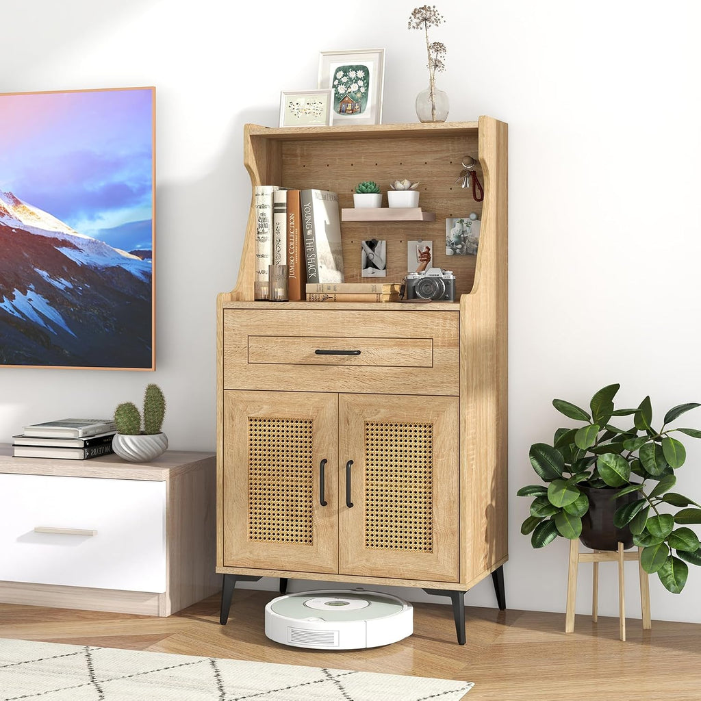 Giantex 45.5' Kitchen Pantry Cabinet, Buffet Sideboard w/Hutch, PVC Rattan Door, DIY Pegboard, Drawer, Adjustable Shelf, Metal Legs, Microwave Stand, Wood Storage Cabinet for Coffee Bar Kitchen (Oak)