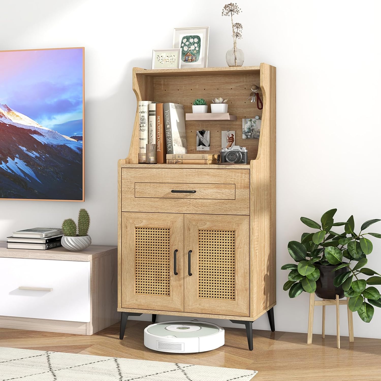 Giantex 45.5' Kitchen Pantry Cabinet, Buffet Sideboard w/Hutch, PVC Rattan Door, DIY Pegboard, Drawer, Adjustable Shelf, Metal Legs, Microwave Stand, Wood Storage Cabinet for Coffee Bar Kitchen (Oak)