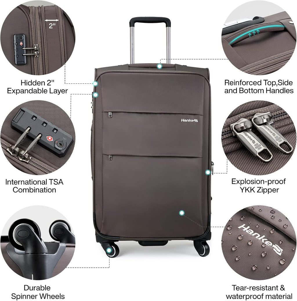 Hanke 24 Inch Expandable Luggage Large Suitcases with Wheels Softside Checked Luggage Rolling Suitcase with Lock Lightweight Travel Luggage for Men and Women 24 Inch Luggage.(Coffee)