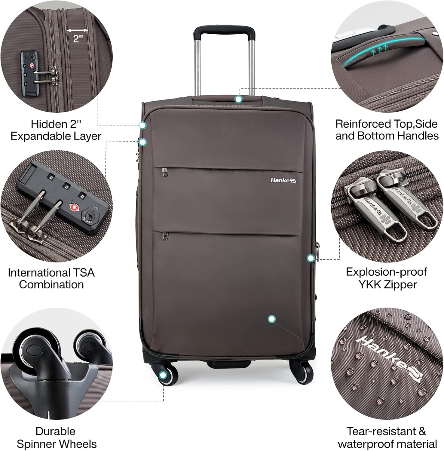 Hanke 24 Inch Expandable Luggage Large Suitcases with Wheels Softside Checked Luggage Rolling Suitcase with Lock Lightweight Travel Luggage for Men and Women 24 Inch Luggage.(Coffee)