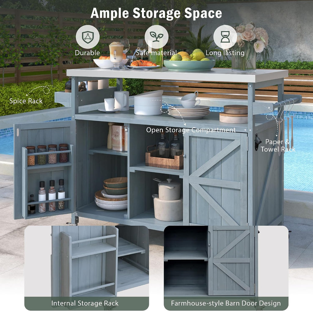 Farmhouse Outdoor Kitchen Island, Rolling Bar Cart & Storage Cabinet with Stainless Steel Top, Spice Rack, Towel Rack for Kitchen & Barbecue, Solid Wood Outdoor Grill Table (Grey+Blue)