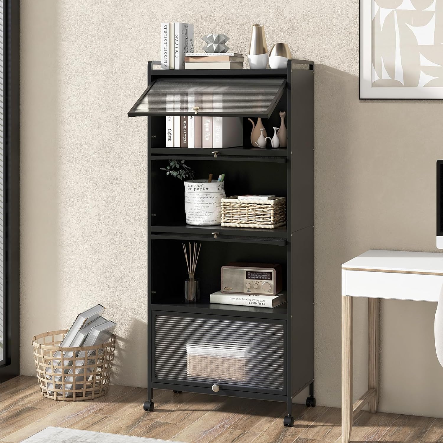 SIMOE Black 5-Tier Kitchen Storage Cabinet, Mobile Microwave Stand with Flip-Up PC Doors, Freestanding Baker's Rack with 4 Rolling Casters for Dining Room, Living Room and Study