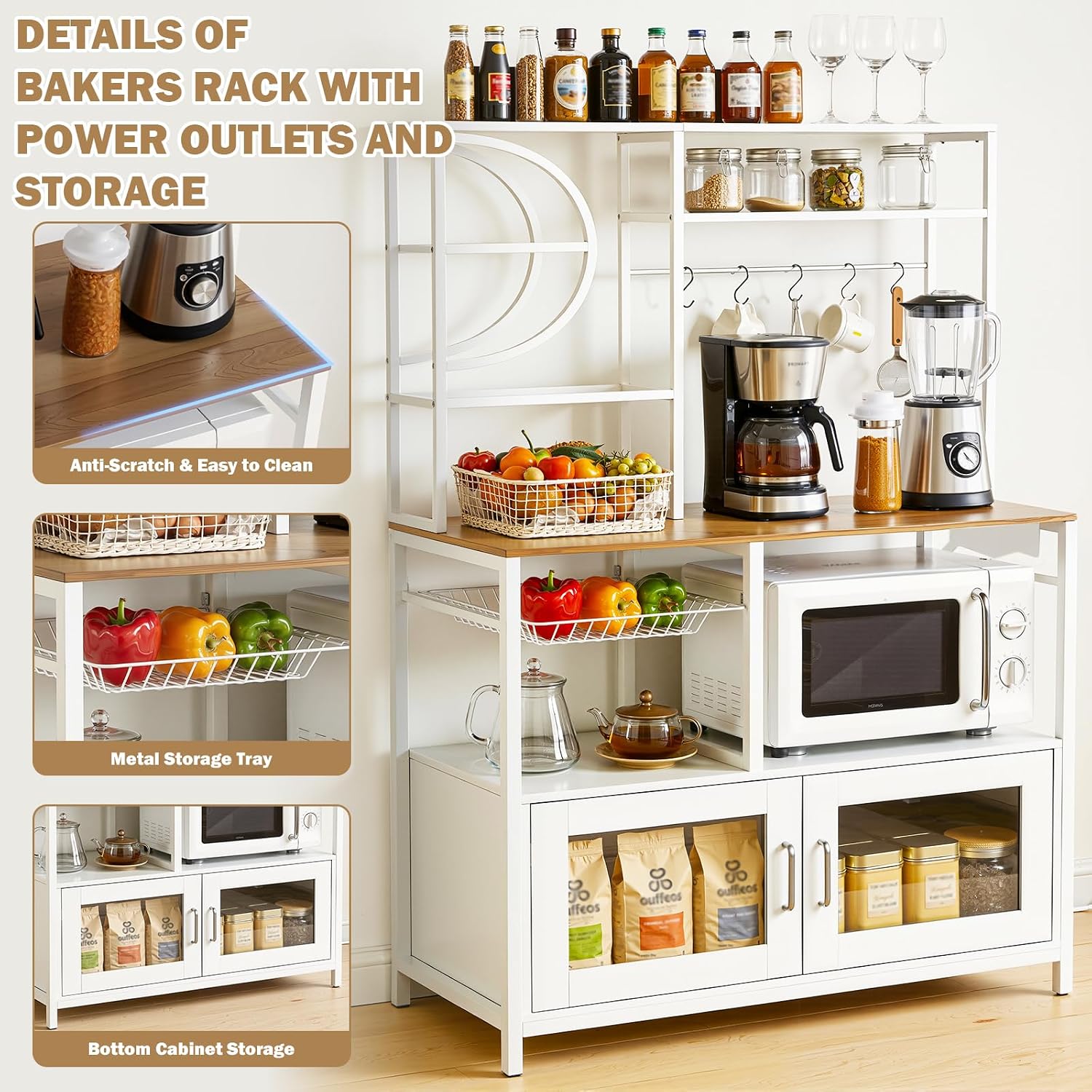 Uieke Bakers Rack with Power Outlet and Storage, Kitchen Bakers Rack with Cabinet & 10 Hooks, Coffee Bar Cabinet, Microwave Stand, 5 Tiers Kitchen Storage Rack for Dining Room & Small Spaces, White