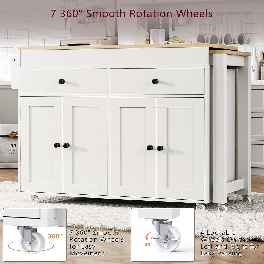 74.5 inch Kitchen Island with Extendable Dining Table, Rolling Kitchen Island on Wheels with Spice Rack and 2 Drawers, Kitchen Storage Cart with 4 Door Cabinet, for Kitchen, Dining Room (Off White/E)