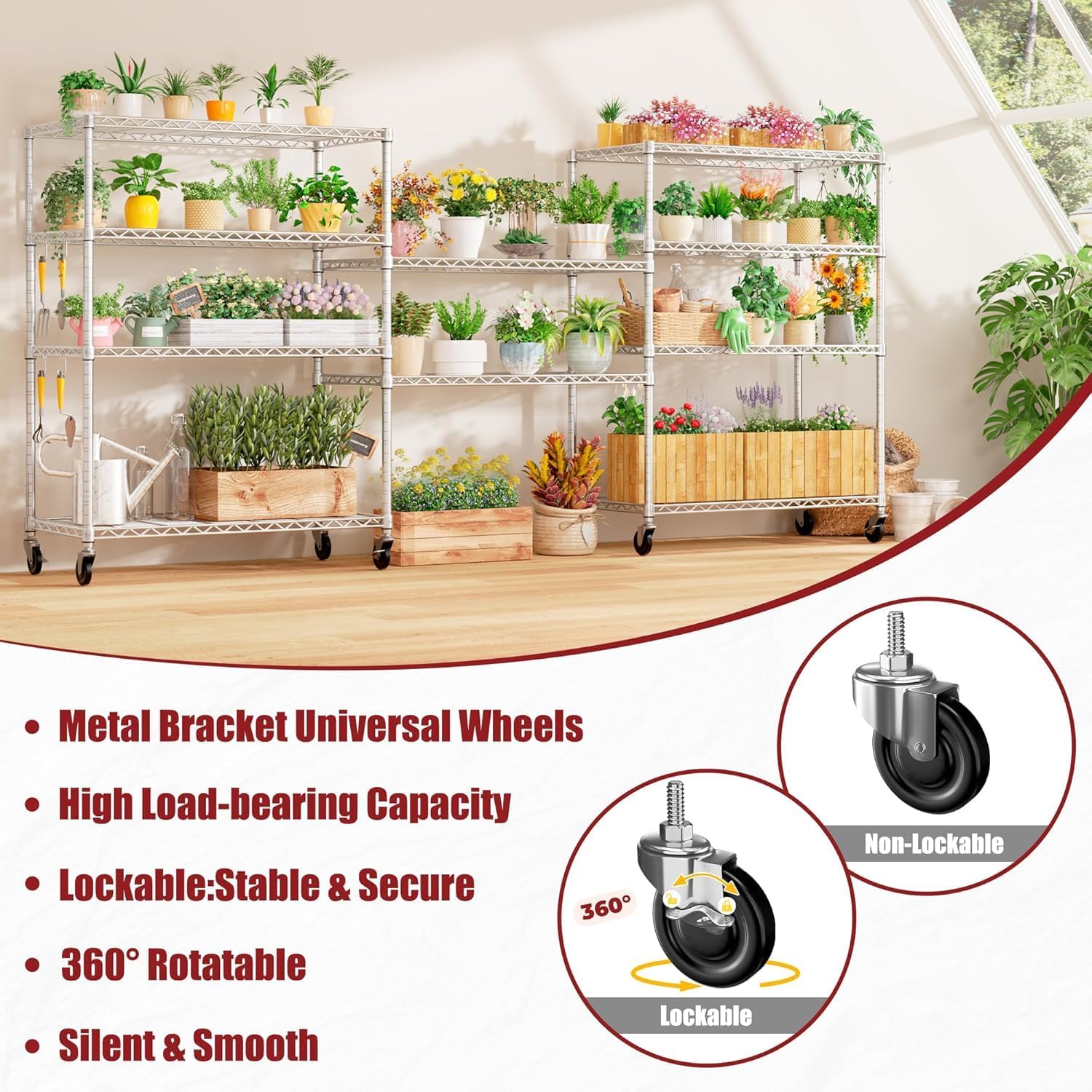 PrimeZone 3 Pack Steel Storage Wire Shelving 5 Tier Metal Shelves with Wheels,Adjustable Kitchen Utility Shelving Unit,Pantry Rack Rolling Metal Shelf Laundry,Chrome 24' Wx18 Dx75 H