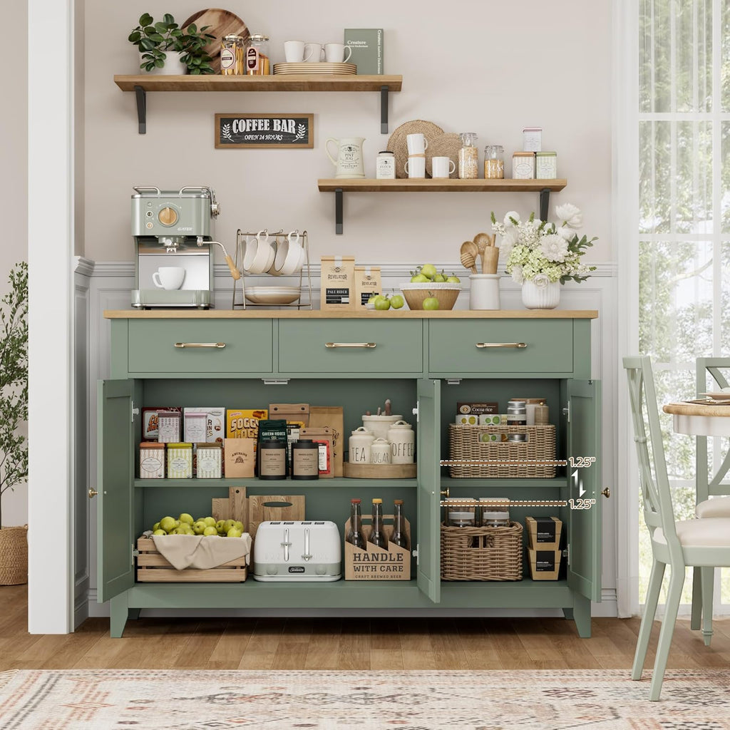 HORSTORS 47' Buffet Cabinet with Storage, Kitchen Buffet Table with Drawer, Modern Coffee Bar Storage Cabinet with Adjustable Shelf, Wood Sideboard for Dining Room, Kitchen, Entryway, Light Green