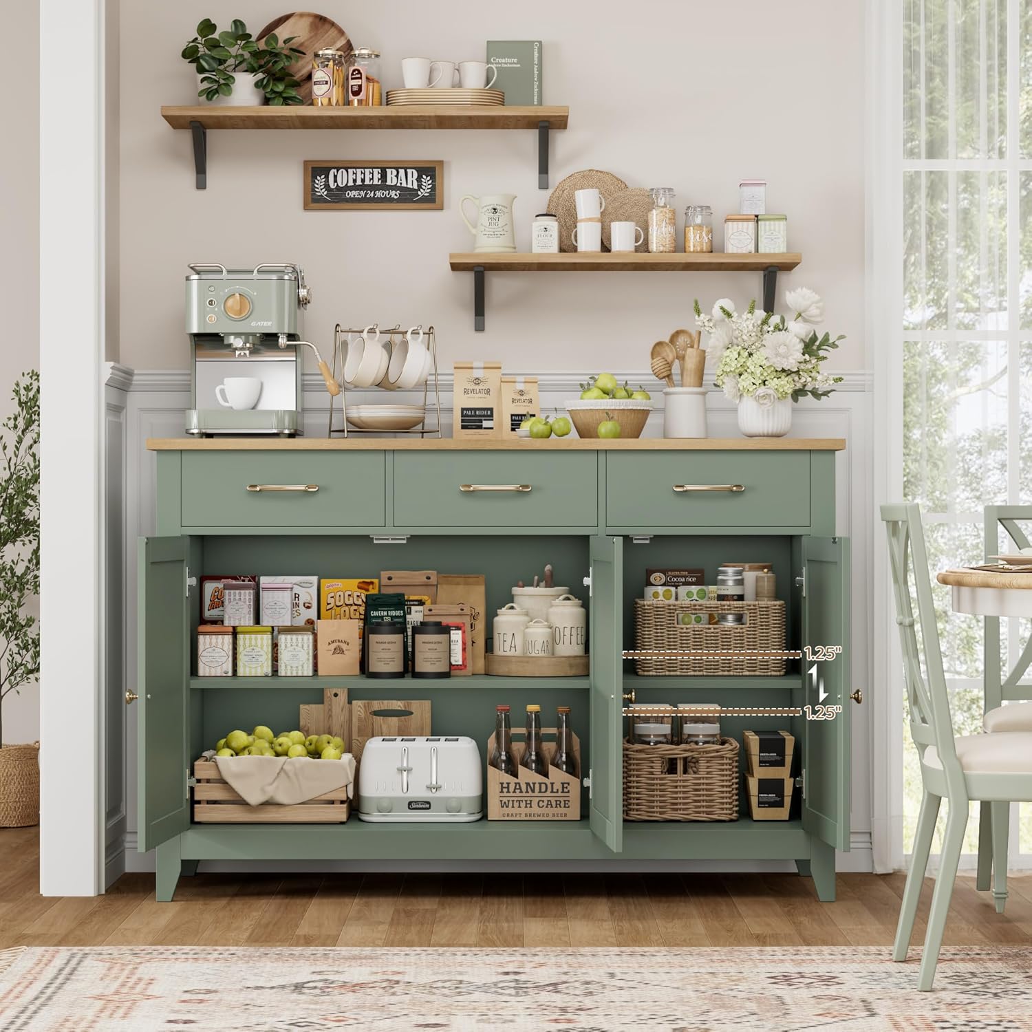 HORSTORS 47' Buffet Cabinet with Storage, Kitchen Buffet Table with Drawer, Modern Coffee Bar Storage Cabinet with Adjustable Shelf, Wood Sideboard for Dining Room, Kitchen, Entryway, Light Green
