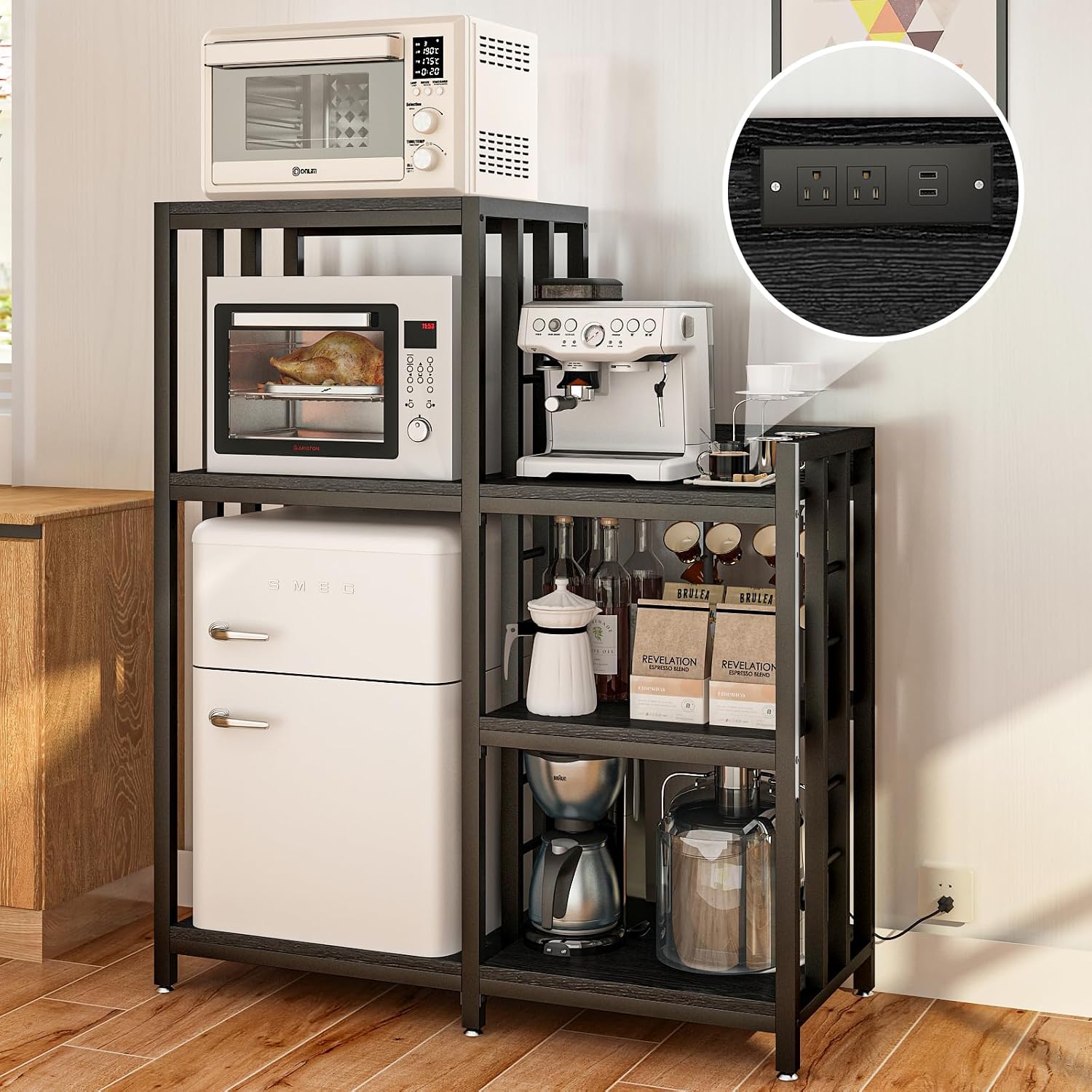 METYERRY Adjustable Mini Fridge Cabinet with Power Outlet,Kitchen Bakers Rack with Storage,Mini Fridge and Microwave Stand, Suitable for Office,Coffee Bar,Living Room, Dorm,Patio,Black
