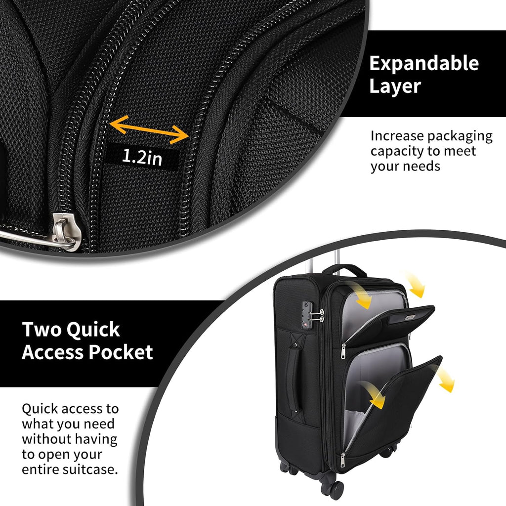 WireHot 3-Piece Softside Expandable Luggage Set with Front Open Pocket, Lightweight and Durable Oxford Fabric Suitcase Set with TSA Lock (Black, 20in/24in/28in)