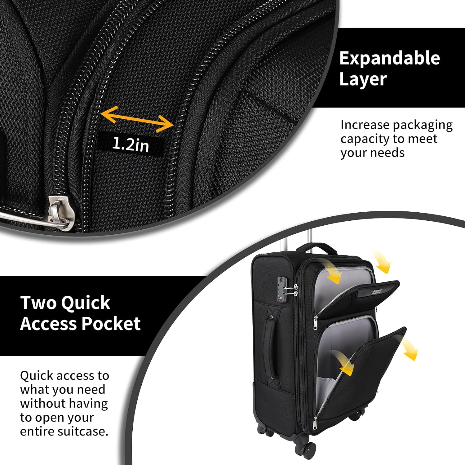 WireHot 3-Piece Softside Expandable Luggage Set with Front Open Pocket, Lightweight and Durable Oxford Fabric Suitcase Set with TSA Lock (Black, 20in/24in/28in)
