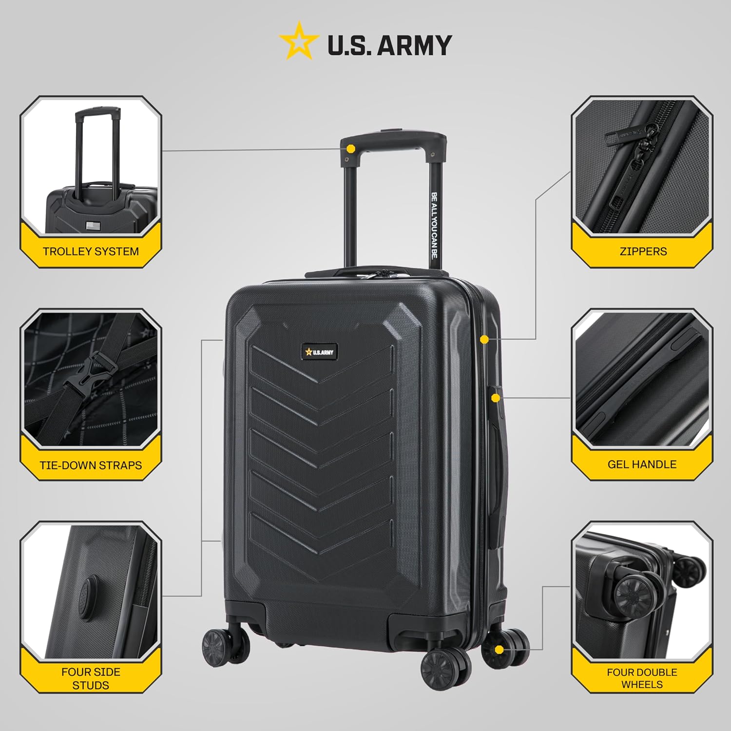 US Army Fox 20 inch Carry-On Hardside Luggage with Spinner Wheels | Lightweight Small Suitcase for Travel | Chevron Icon, Gel Handle, Side Studs, Retractable Trolley, Heavy Duty | Black