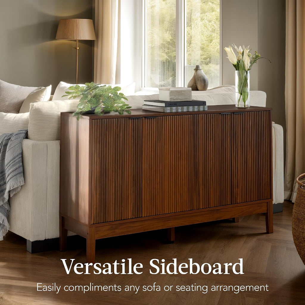 Best Choice Products 55' Modern 4-Door Sideboard Storage Cabinet, Buffet, Media Cabinet, Cupboard, Entryway Accent Table, Bookcase w/Reed Panels and Adjustable Shelves – Walnut