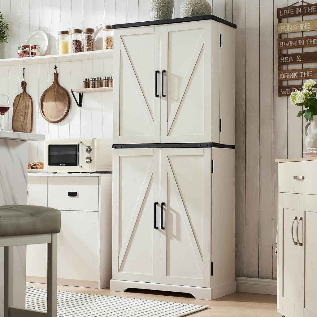 ACCOHOHO 72' Tall Kitchen Pantry, Farmhouse Storage Cabinet with Barn Doors, Organizer, Drawer and Adjustable Shelves, Rustic Wood Cupboard for Kitchen, Dining Room, Bathroom, Off White | Barn Doors