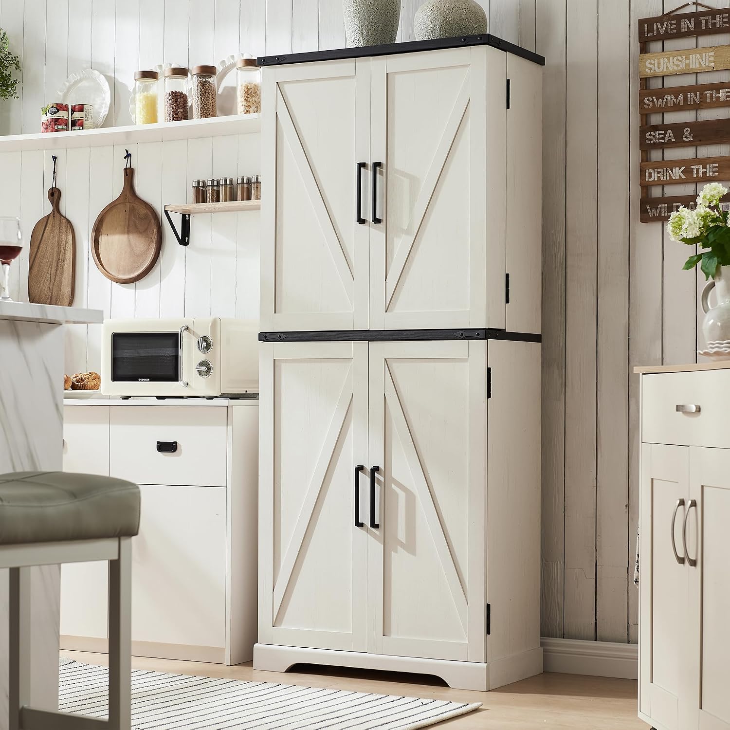 ACCOHOHO 72' Tall Kitchen Pantry, Farmhouse Storage Cabinet with Barn Doors, Organizer, Drawer and Adjustable Shelves, Rustic Wood Cupboard for Kitchen, Dining Room, Bathroom, Off White | Barn Doors