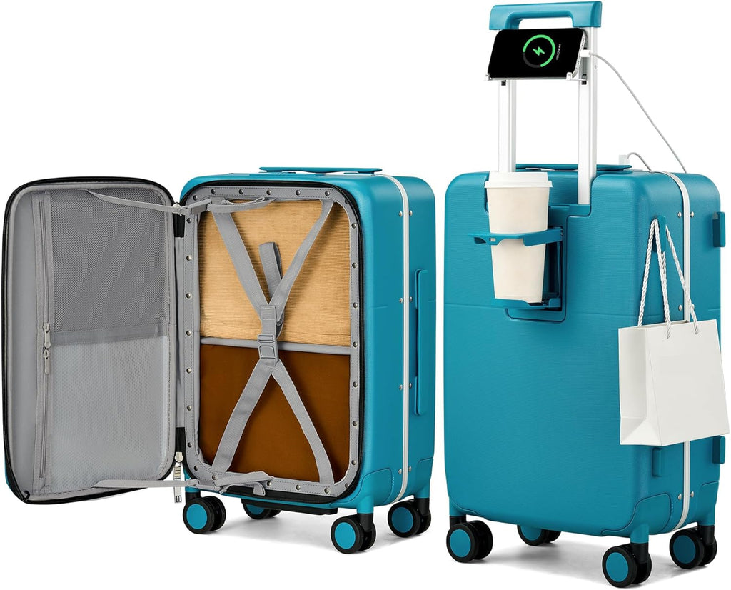 Hanke 20 Inch Top Opening Carry On Luggage with Cup Holder, Hard Shell Suitcase with Spinner Wheels, USB Ports, TSA Lock Aluminum Frame, Dry Wet Separation & Removable Divider, Caribbean Blue