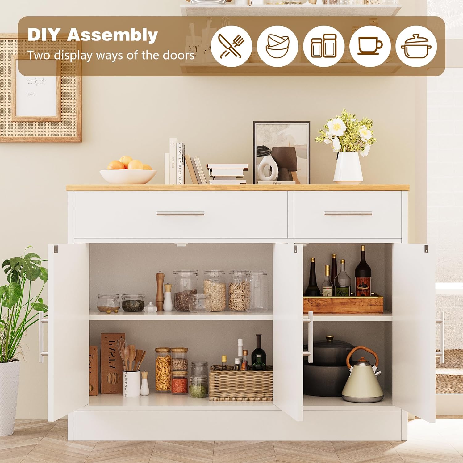 Vongrasig 43' Coffee Bar Cabinet, Farmhouse Buffet Cabinet with Storage, Sideboard Buffet with Drawers and Shelves for Kitchen, White
