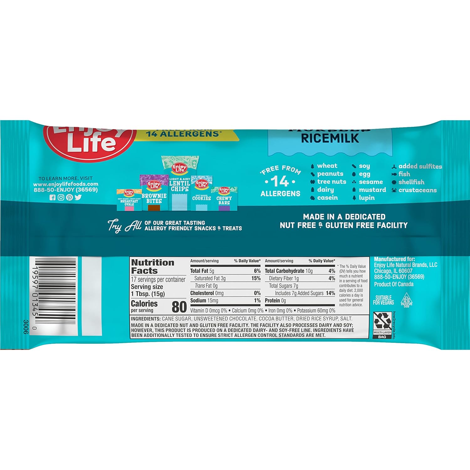Enjoy Life Ricemilk Baking Morsels Milk Chocolate Flavor, Gluten Free, School Safe, Non GMO, Dairy Free, Soy Free, Vegan, Nut Free Chocolate, 12 Bags (9 oz) Bulk Chocolate
