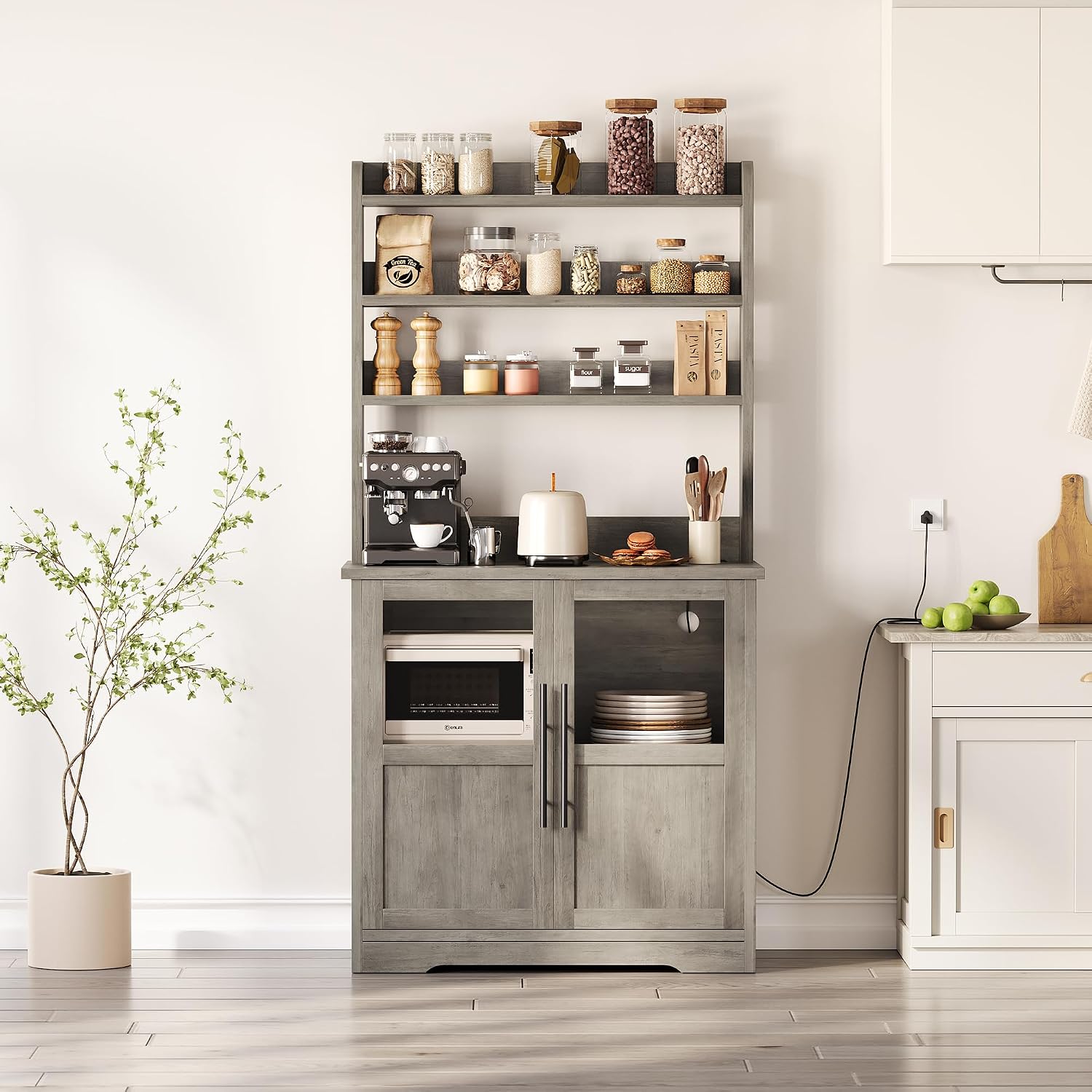 Garvee Farmhouse Bakers Rack with Glass Door, Microwave Stand with Power Outlets, Kitchen Hutch Pantry Cabinet, Kitchen Coffee Bar Cabinet for Spices, Dishes, and Pots, Gray